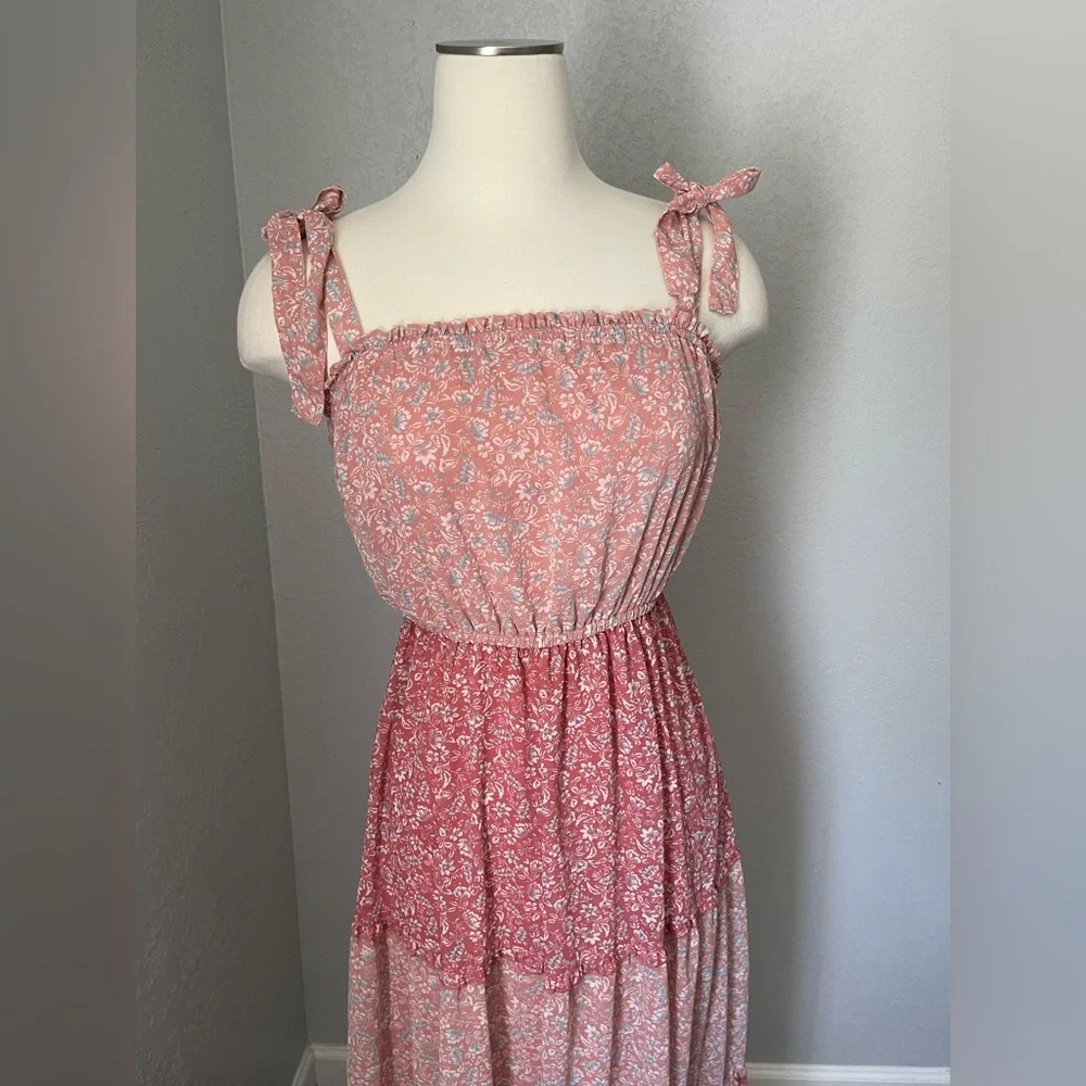 SINCERELY‎ JULES Ditsy Floral Print Dress Sundress Midi Tie Straps Pink Size S - Picture 2 of 6